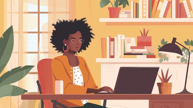 Young afro american woman working on laptop at home office Vector illustration