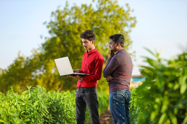 Young agronomist analyzing field with farmer, indian farming