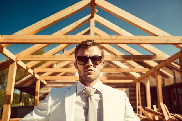 A young and ambitious construction businessman confidently poses in his suit showcasing the wooden structure of a house AI Generated