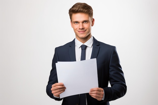 young ambitious male office worker in suit holding page