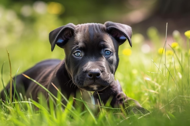 A young American Staffordshire Terrier Dog pup in the grass puppy dog scanning the area