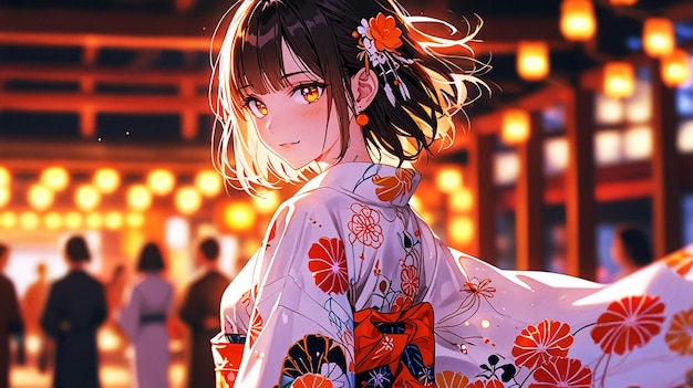 Young anime girl in a traditional kimono illuminated by warm red lanterns in a serene setting