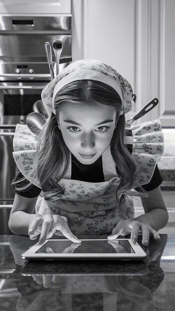 Photo young in apron woman using tablet