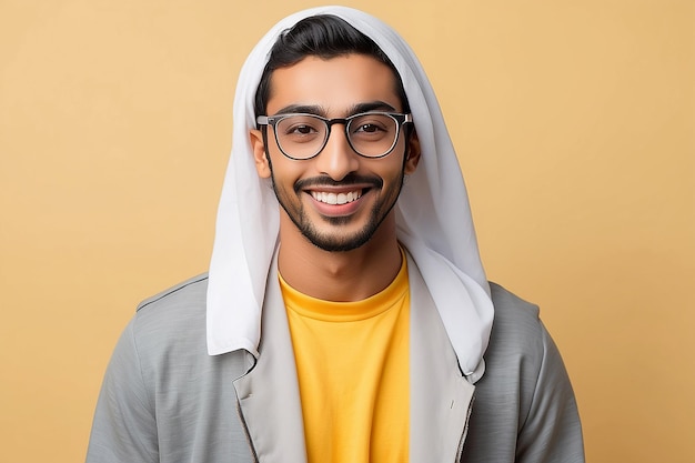 Photo young arab handsome man isolated on yellow background with glasses with happy expression