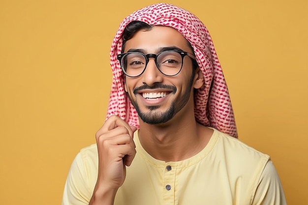 Photo young arab handsome man isolated on yellow background with glasses with happy expression