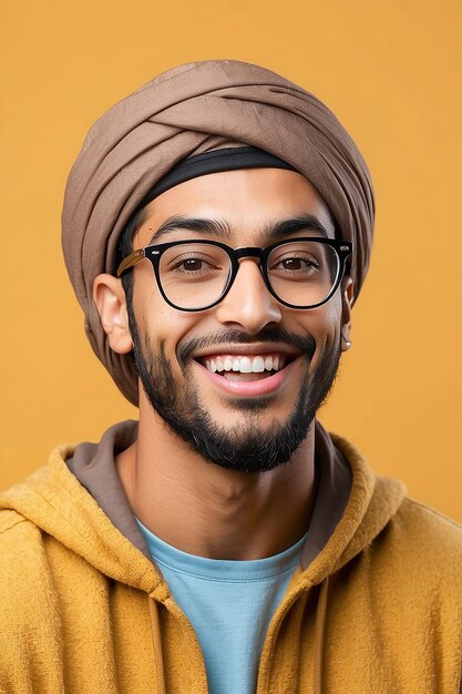 Photo young arab handsome man isolated on yellow background with glasses with happy expression