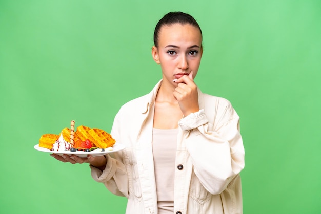 Young Arab woman holding waffles over isolated background thinking