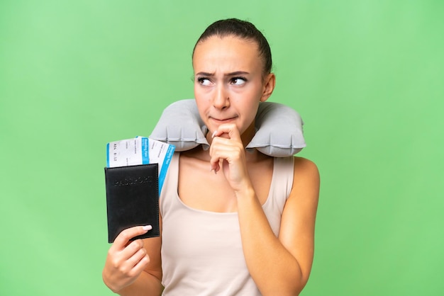 Young Arab woman with Inflatable Travel Pillow over isolated background having doubts and thinking