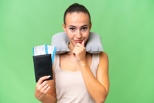 Young Arab woman with Inflatable Travel Pillow over isolated background thinking