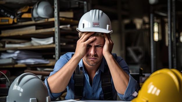 Young architect wearing a hard hat Shows signs of anxiety while working in the office