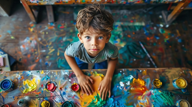 Photo young artist boy looking up at camera in messy paint studio