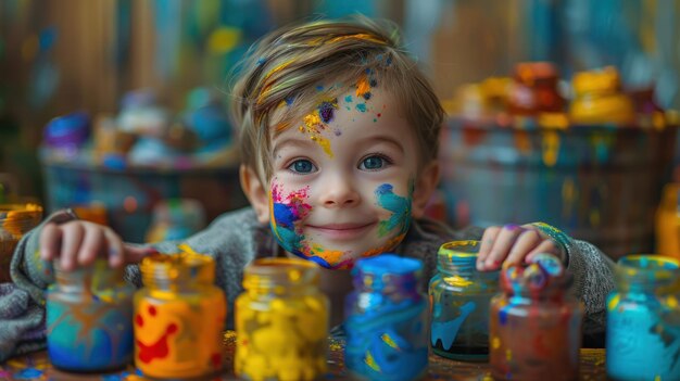 Photo a young artist covered in paint