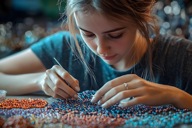 Photo young artist creates intricate beadwork in a cozy workshop setting