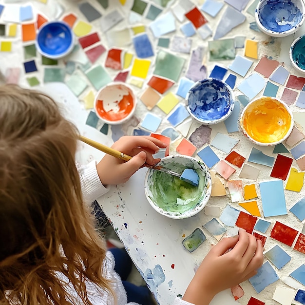 Young Artist Creating Mosaic Art with Colorful Tiles