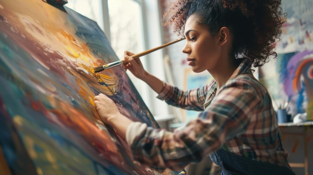 Young artist is applying a dab of yellow oil paint to a canvas crafting an abstract masterpiece