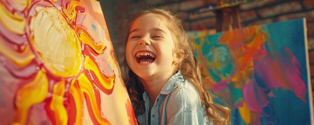 Young artist is having a blast surrounded by her colorful artwork in her art studio