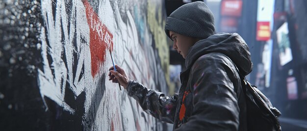 Photo young artist painting mural on wall