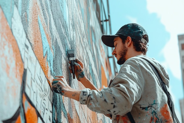 Photo young artist painting mural on wall