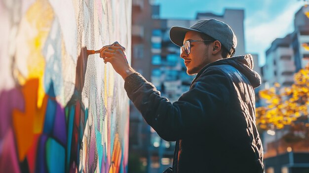 Photo young artist painting mural on wall