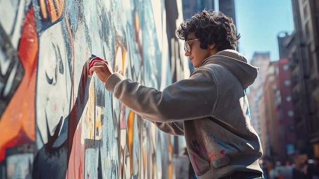 Photo young artist painting mural on wall