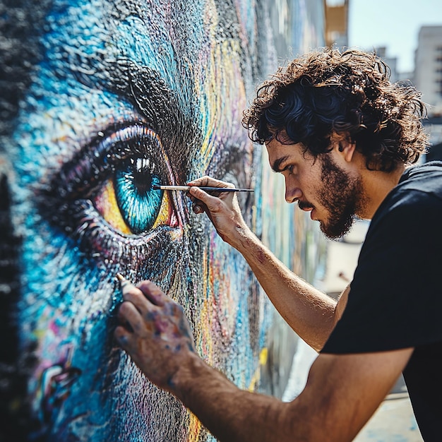 Photo young artist painting mural on wall