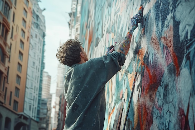 Photo young artist painting mural on wall