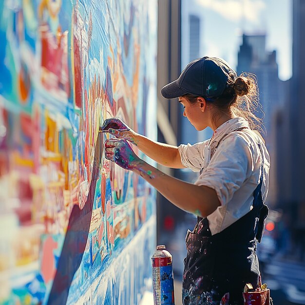 Photo young artist painting mural on wall