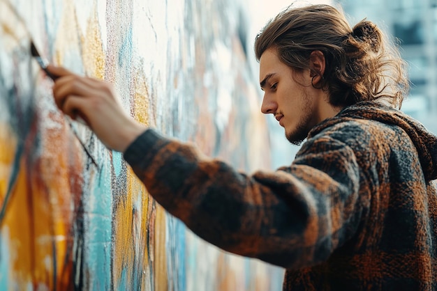 Photo young artist painting mural on wall