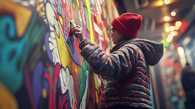 Photo young artist painting mural on wall