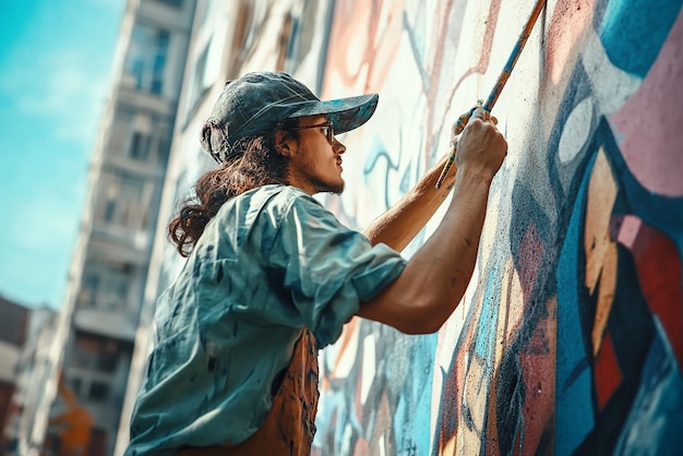 Photo young artist painting mural on wall