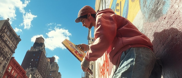 Photo young artist painting mural on wall