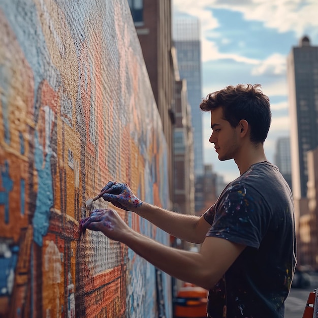 Photo young artist painting mural on wall