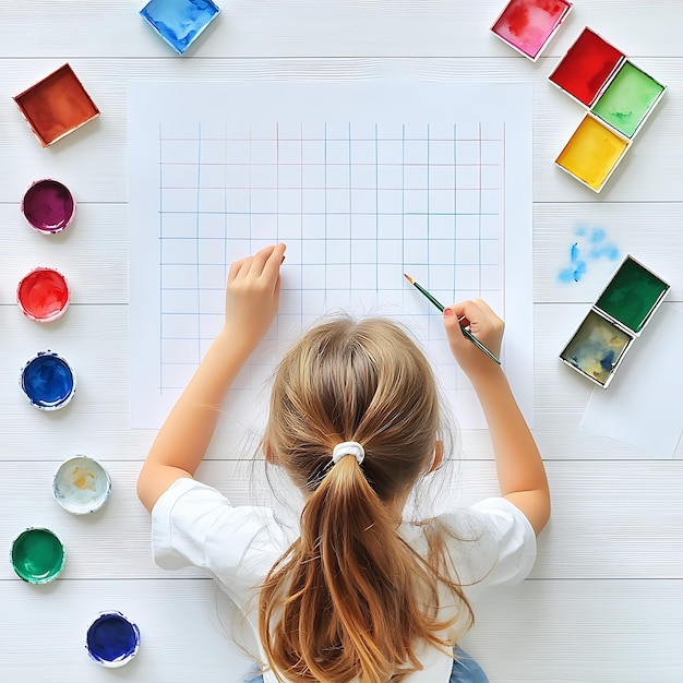 Young Artist Painting with Watercolors on White Wooden Table