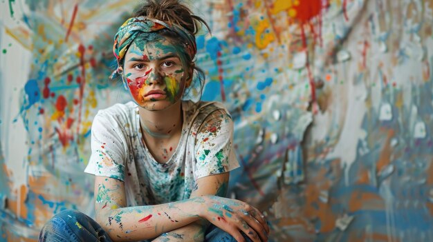 Photo young artist with paintsplattered clothes ai generated