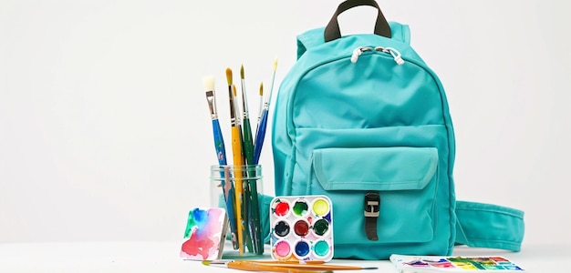 Young artists aqua blue backpack with watercolors and sketch pads