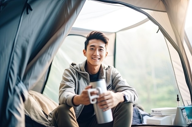 Young asia man sitting in the tent