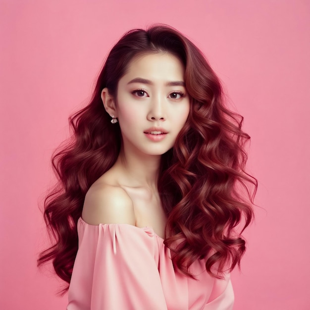 Young asian beauty woman curly long hair with korean makeup style on face and perfect clean skin