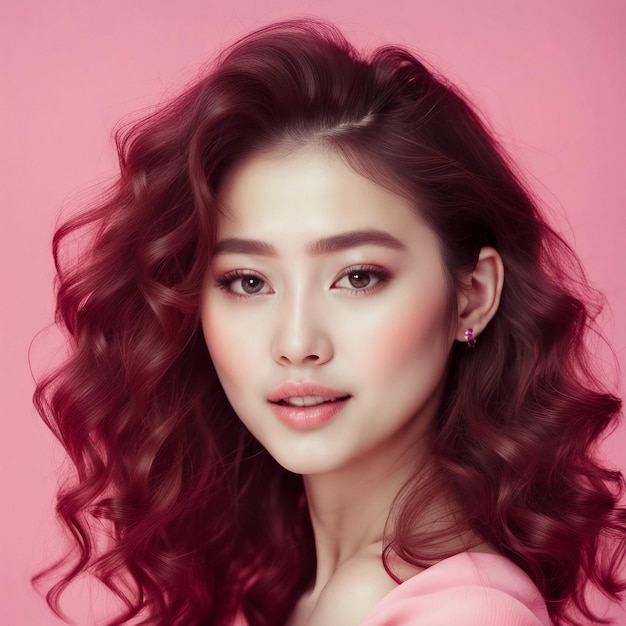 Young asian beauty woman curly long hair with korean makeup style on face and perfect clean skin