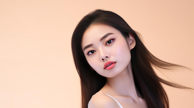 Young asian beauty woman long hair in white lingerie with korean makeup style on face