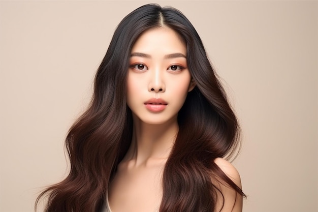 Young asian beauty woman model long hair with korean makeup style on face and perfect skin on isolat