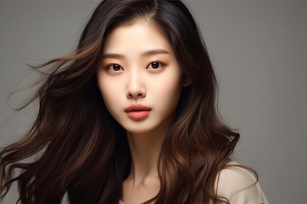 Young asian beauty woman model long hair with korean makeup style on face and perfect skin on isolat