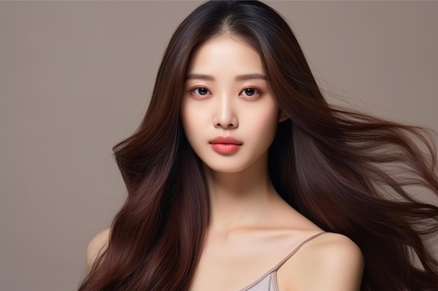 Young asian beauty woman model long hair with korean makeup style on face and perfect skin on isolat