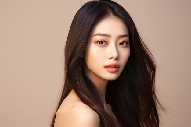 Young asian beauty woman model long hair with korean makeup style on face and perfect skin on isolat