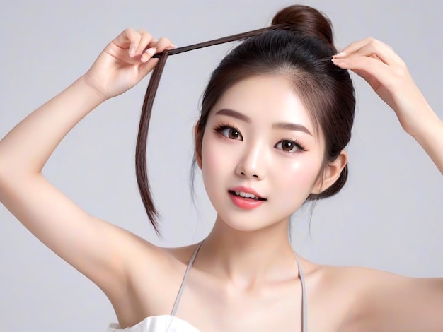 Young Asian beauty woman pulls back hair with Korean makeup style on face AI_Generated