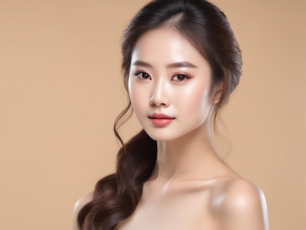 Young Asian beauty woman with korean makeup style Perfect skin on isolated beige background