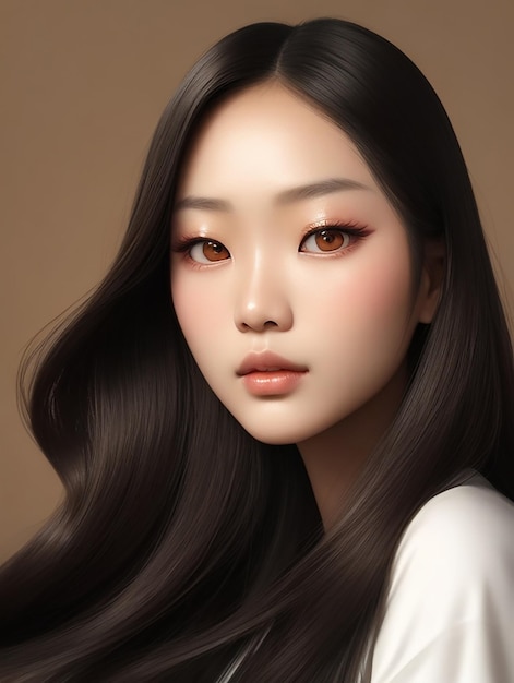 A young Asian beauty woman with long glossy hair wearing a Korean style makeup