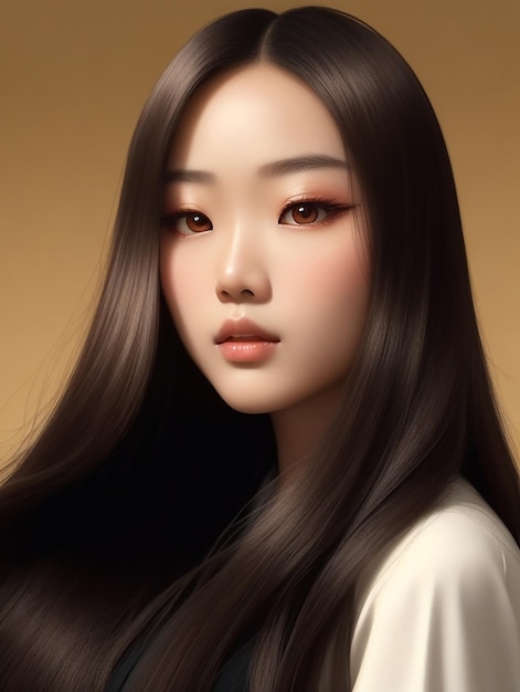 A young Asian beauty woman with long glossy hair wearing a Korean style makeup