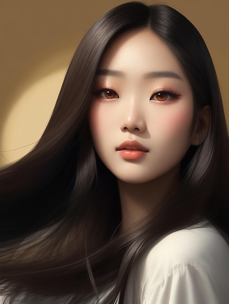 A young Asian beauty woman with long glossy hair wearing a Korean style makeup