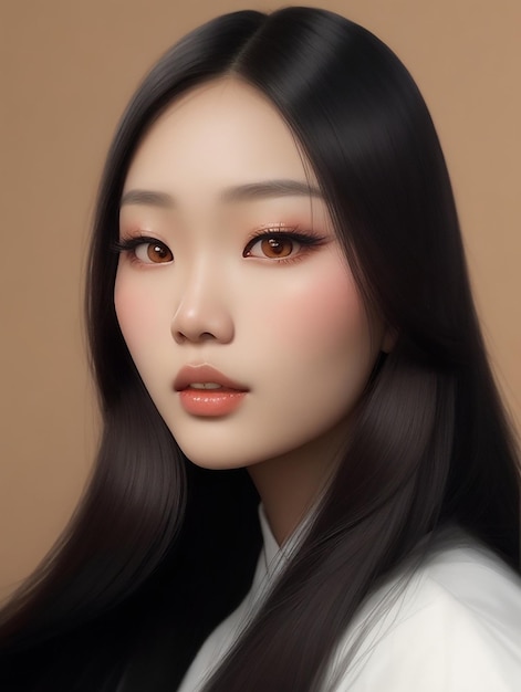 A young Asian beauty woman with long glossy hair wearing a Korean style makeup