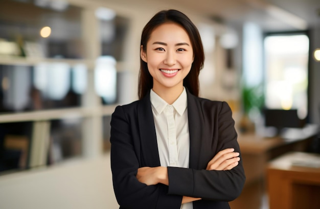 Young asian business woman smiling to camera standing pose on bokeh office background office worker